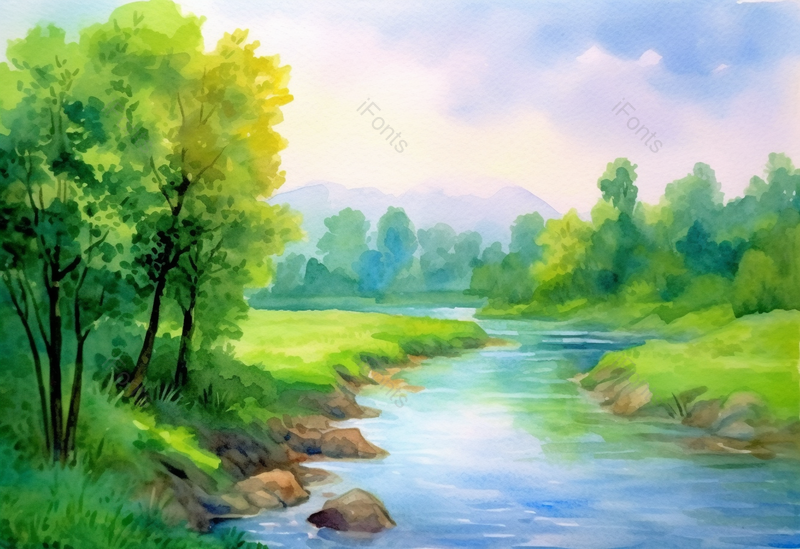 一个普通的夏天森林中绿色的树木草地和河流流水彩色的手绘插画,插画/手绘图,插画/手绘图库,插画/手绘图下载,插画/手绘